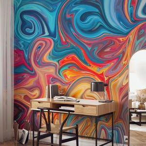 Colorful Abstract Swirl Wallpaper, Bold Rainbow Fluid Art Wall Mural for Bathroom or Studio, Modern Statement Piece, Removable Peel & Stick