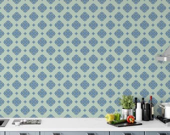 Papel pintado con estampado étnico de diamantes azules, mural de pared verde menta claro, papel adhesivo removible con diseño geométrico bohemio.