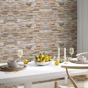 Stone Brick Pattern Wallpaper, Rustic Faux Stone Wall Mural, Office, Entryway Accent, Industrial Neutral Look, Removable Peel & Stick Decor