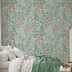 Sage Green Chinoiserie Wallpaper with Peonies, Vintage Tree of Life Floral Mural for Grandmillennial Living Room, Removable Peel & Stick
