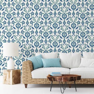 Blue Green Floral Pattern Wallpaper / Peel and Stick Wallpaper Removable Wallpaper Home Decor Wall Art Wall Decor Room Decor -