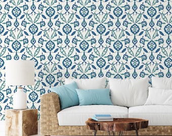 Papel pintado con estampado floral azul y verde / Papel pintado autoadhesivo removible para decoración del hogar, arte de pared, decoración de habitaciones -