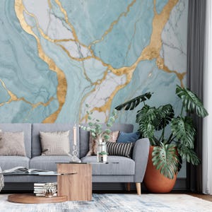 Light Blue Teal Gold Veins Abstract Marble Wallpaper Wall Mural Modern Luxe Style - Peel And Stick Adhesive Wallpaper