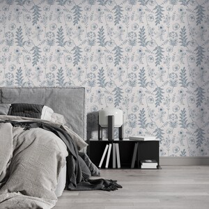 Botanical Contact Paper For Furniture, Blue Floral Drawer Liner, Wood Wallpaper Mural, Peel and Stick Wallpaper, Decorative Contact Paper image 6