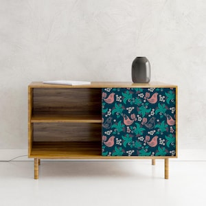 Bird Floral Furniture Contact Paper, Peel and Stick Adhesive Wallpaper, Dark Teal, Garden Dresser Drawer Decor