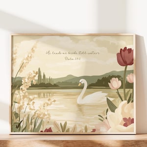 Still Waters Printable Christian Art Print, Swan, Girls Nursery, Bedroom, French, Modern, Pink, Vintage, Girly, Bible Verse