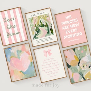 May include: Six framed art prints with inspirational quotes and abstract watercolor designs. The prints feature pink, green, and white colors, with text like "Love like Jesus" and "His mercies are new every morning."