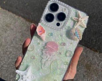 Handmade Cream Resin Phone Case | Jellyfish & Seashell Charms Can custom