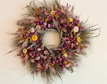 Pink & Yellow Dried Flower Wreath, Farm Grown Floral Decor, 18 Inch