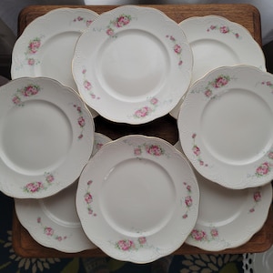 May include: A set of eight white porcelain plates with scalloped edges. Each plate features a floral design with pink roses and green leaves, accented with gold trim. The plates are arranged on a wooden surface.