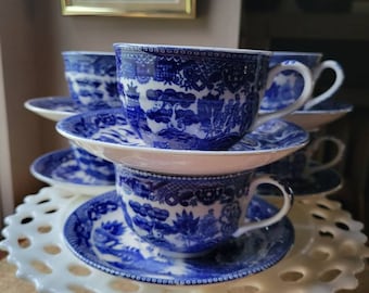 Vintage Blue Transferware Cups and Saucers