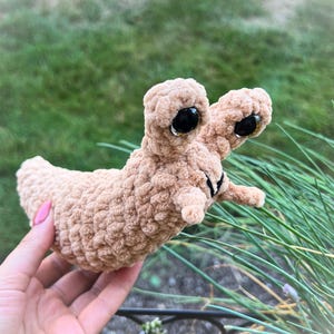 Puede incluir: Una babosa de ganchillo hecha a mano, de color beige, con grandes ojos negros y pequeñas antenas. La babosa está hecha de un hilo suave y texturizado. El fondo es un verde borroso de hierba y follaje.