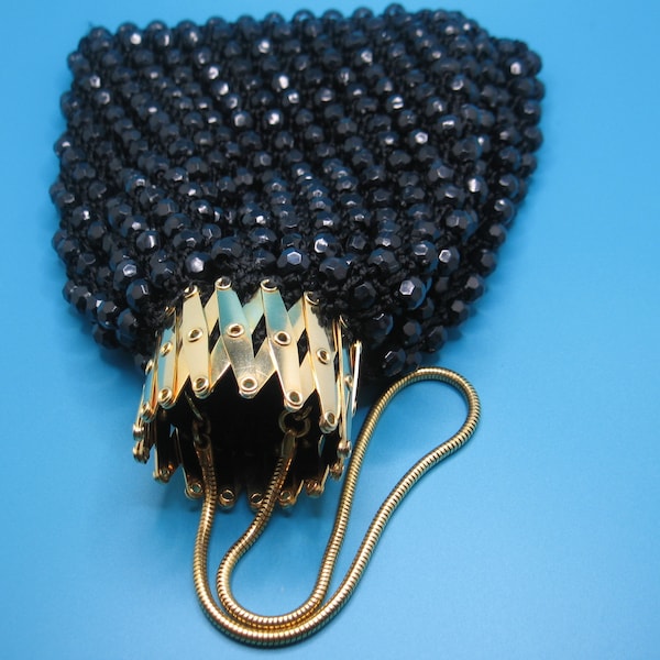 Black Beaded Purse Handbag Snake Chain Gold Expandable Gate Closure Made in Hong Kong Mfg for SNP Chicago 1960s Evening Purse Prom Purse