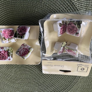 Porcelain Drawer Knobs Set of 8 Square Shabby Chic Pink Floral
