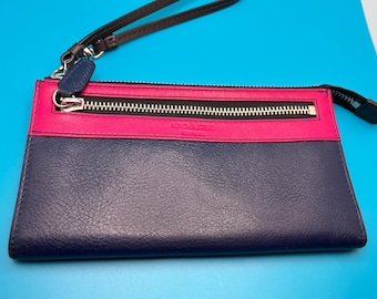 Coach Wristlet Two Tone Dark Blue and Pink with Strap