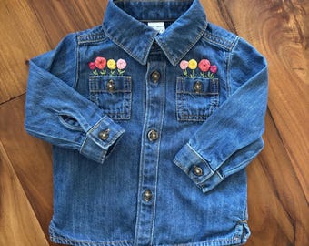 One of a Kind Hand-embroidered Carter's Girls Denim Shirt Size 9M