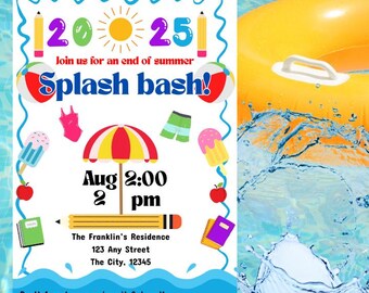 Editable pool party invitation template-end of summer splash bash-back to school party