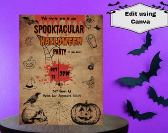 Vintage Halloween Invitation Template, Instant Download, Halloween Party Invitation, Printable Halloween Invite for Adults, Digital Download