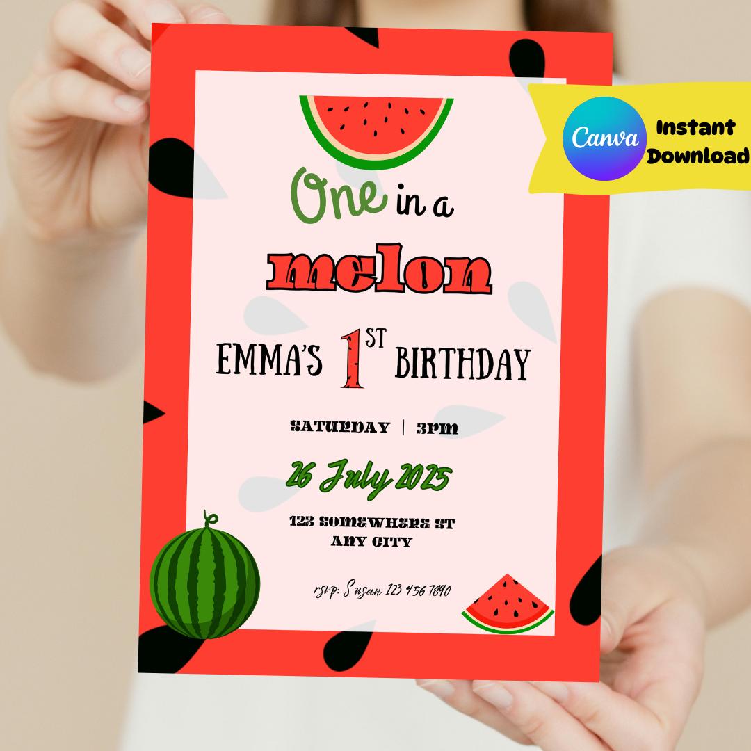 One in a Melon invitation editable digital instant download baby first birthday