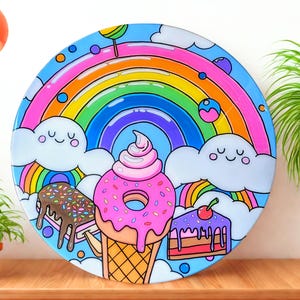 Rainbow Epoxy Table | Hand-Painted Round Coffee Table | Colorful Whimsical Art Furniture for Kids Rooms or Playrooms | Ice Cream Theme