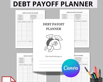May include: A white Debt Payoff Planner with a money bag graphic, and the text "This Book Belongs to". The image also includes the text "Instant Download, PDF Print, Editable File". A PDF icon is in the lower left corner.
