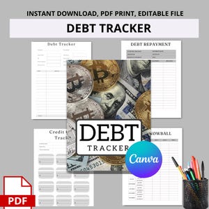 Könnte beinhalten: Eine Sammlung druckbarer Finanzplanungs-Vorlagen. Das Bild zeigt den Titel "Debt Tracker" mit Formularen zur Schuldenverfolgung, Schuldenrückzahlung und Kreditverfolgung. Der Hintergrund zeigt Geld und Bitcoin. Das Canva-Logo ist sichtbar.