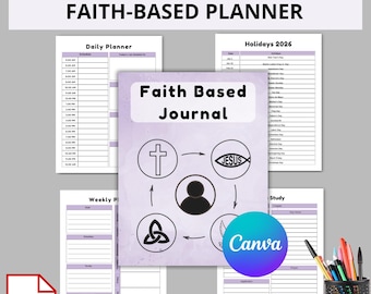 Può includere: Un diario basato sulla fede con una copertina viola e le parole "Faith Based Journal". Il diario include pagine di pianificazione giornaliere e settimanali, una sezione di studio e un elenco di festività. L'immagine mostra anche un'icona PDF e il logo Canva.