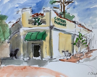 Urban sketch Mediterranean Revival Pharmacy 5x8 watercolor on paper