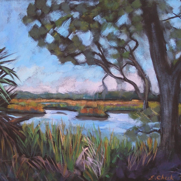 Borde del agua 16 x 20 acrílico sobre lienzo Pintura de paisaje de palmeras y robles