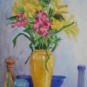 Summer Bouquet Original Still Life Painting on Canvas Yellow Pink Blue