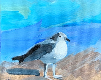 Seagull-Original small Acrylic Painting - on canvas, 4"x4"