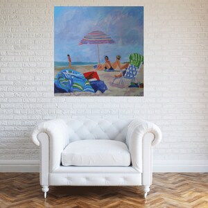 Large Beach Painting-Umbrella family ocean seascape 36 x 36 Inches Original art image 2