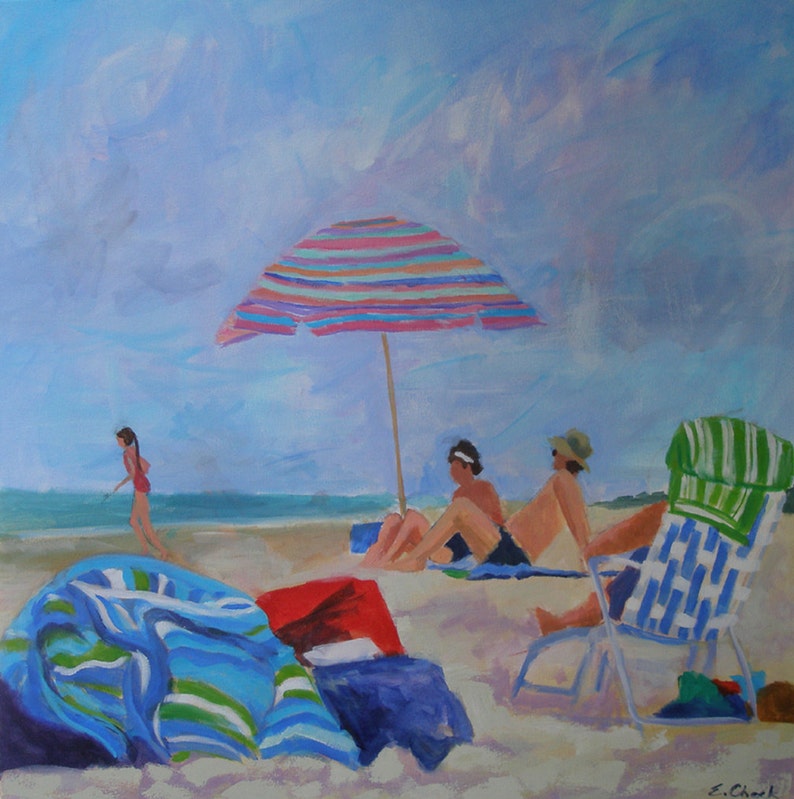 Large Beach Painting-Umbrella family ocean seascape 36 x 36 Inches Original art image 1