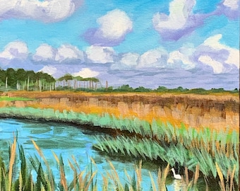 Marsh Egret A Few Clouds 10" x10" original acrylic painting on canvas