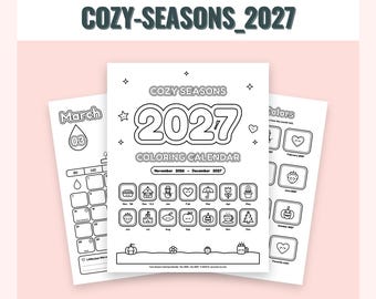 Cozy Seasons 2027 Coloring Calendar, Seasonal Art, Monthly PDF (Digital Download - Personal Use)