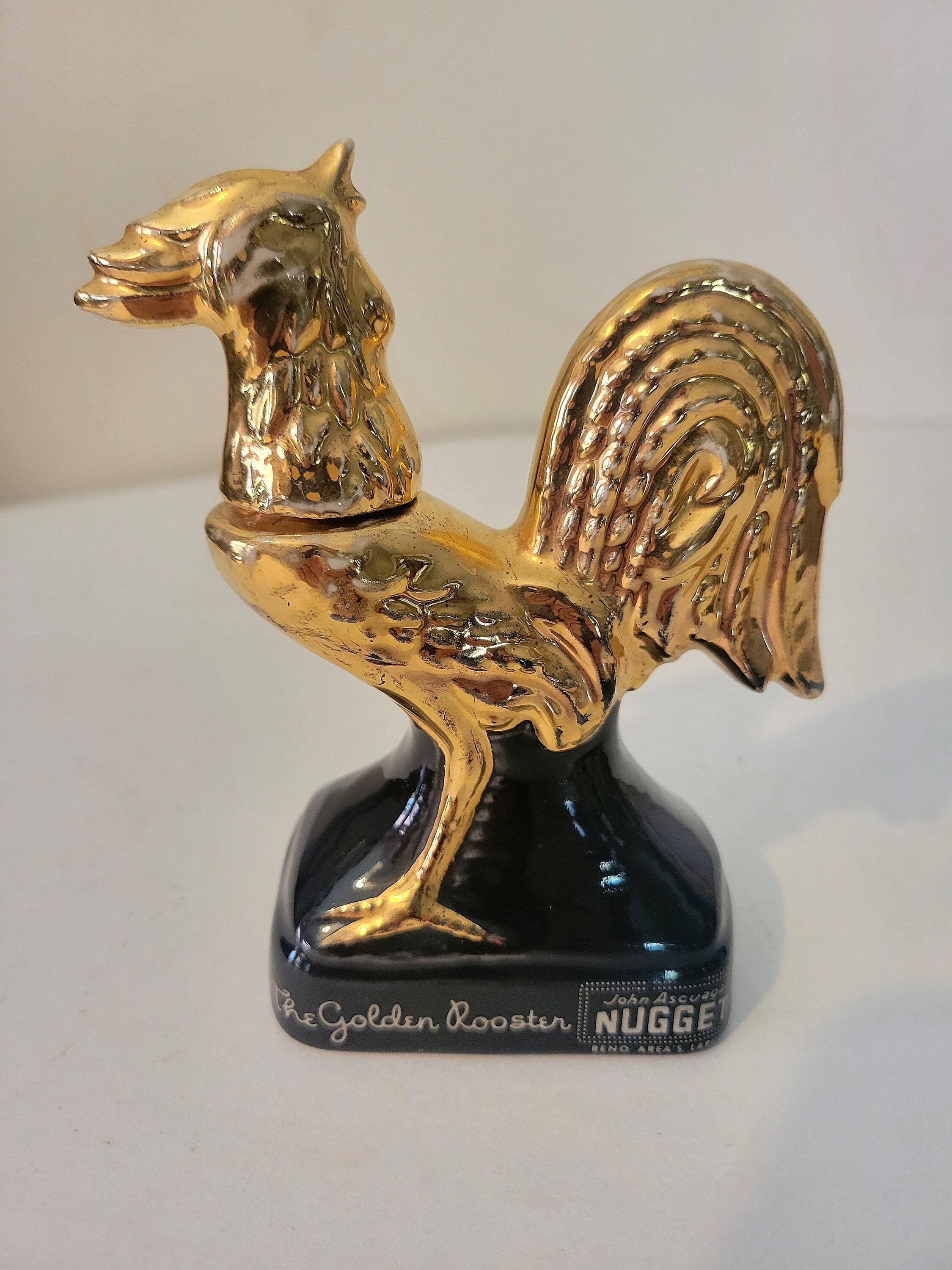 Golden Rooster Nugget Reno Mini Decanter Ceramic - Empty 5 in. Tall, 3.75" Wide - 1972  Appears Head Stopper was Glued on.