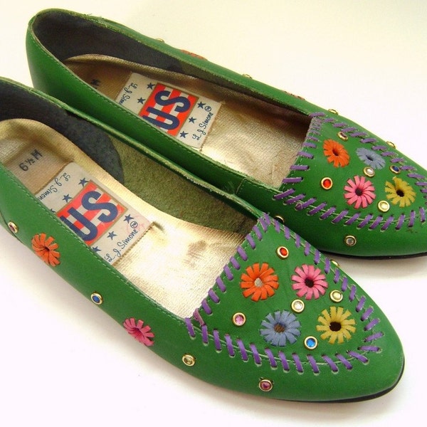 Size 6.5 Amazing 1970s Green Moccasins Multicolored Leather and Rhinestone Accents (size 6 1/2)