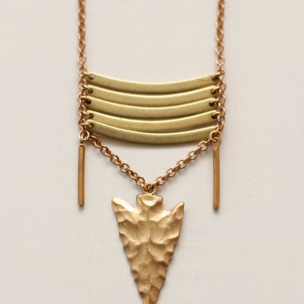 Arrowhead Shield, tribal style brass necklace