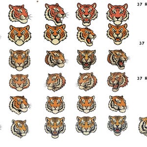 May include: A collection of 37 retro tiger mascot head designs in various poses and expressions, rendered in orange, black, and white. The image includes text that reads "37 RETRO TIGER MASCOT HEAD PNG SVG DIGITAL BUNDLE."