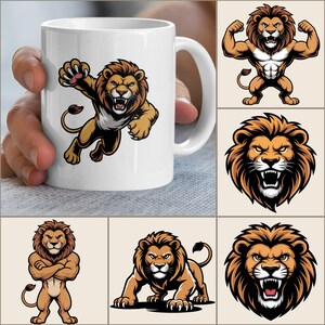 以下が含まれることがあります： 白のセラミックマグカップ。茶色、ベージュ、黒の色合いの漫画のライオンのイラストが描かれています。追加のライオンのグラフィックが表示されています。マグカップは湾曲したハンドルと滑らかな表面を持っています。