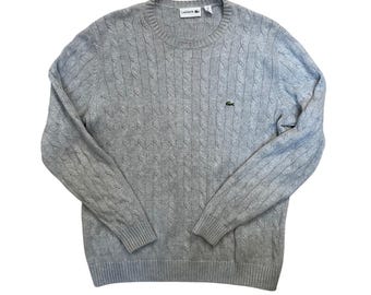 Lacoste herentrui US L FR 5 grijze katoenen kabelgebreide trui met ronde hals EUC