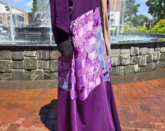 Elegant Purple Floral Panel Abaya – Handmade Modest Open Kimono Cardigan