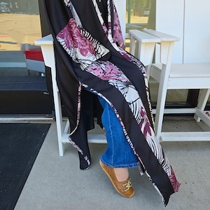 Satin Silk Abaya Kimono: Black Open Cardigan with Purple Floral Print