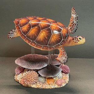 Könnte beinhalten: Eine detaillierte Skulptur einer Meeresschildkröte mit einem braunen und orangefarbenen Panzer, erhobenen Flossen und einem detaillierten Kopf. Die Schildkröte schwebt über einer farbenfrohen Korallenriffbasis mit verschiedenen Texturen und Farben, darunter Lila, Rosa und Beige.