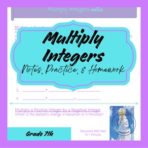 May include: A worksheet titled "Multiply Integers" with notes, practice, and homework. The title is in a turquoise frame with a pink border. The worksheet includes math problems and the text "Grade 7th". A small image of a balloon and an elephant is in the corner.