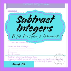 以下が含まれることがあります： 「整数を引く」というタイトルのワークシートで、メモ、練習、宿題が含まれています。タイトルは黒いテキストのターコイズ色のバブルにあります。ワークシートは白い背景に紫色のボーダーが付いています。