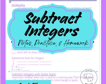 Subtract Integers Guided Notes Worksheets Homework and Answer Key Using Number Line and Real World Problems Grade 7 Math