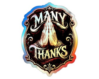 Pegatina de manos rezando "Muchas gracias" / Troquelada holográfica