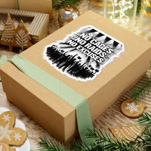 Può includere: Un adesivo con il testo "NO CAGES NO RAIDS NO EXCUSES" in un carattere distorto, su una grafica in bianco e nero di una folla. L'adesivo è su una scatola regalo marrone chiaro con un nastro verde, circondato da decorazioni natalizie.