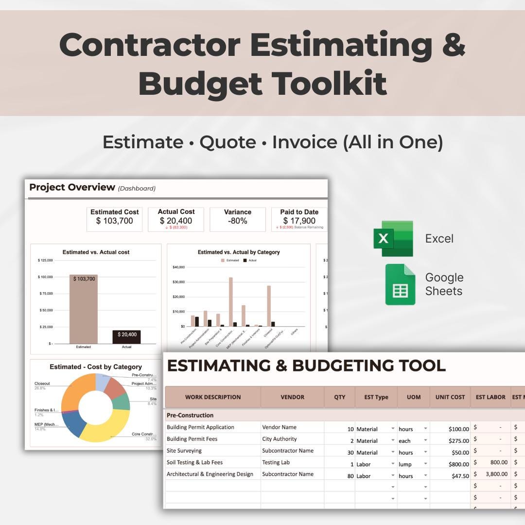 Contractor Estimate Toolkit | Quote, Invoice, Job Cost Spreadsheet ...